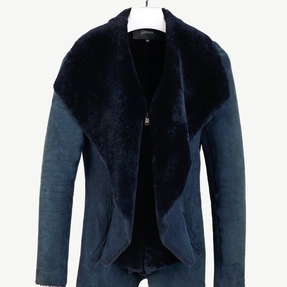 Jitrois Navy Blue Sheep Shearling Moto Jacket - Picture 1 of 10